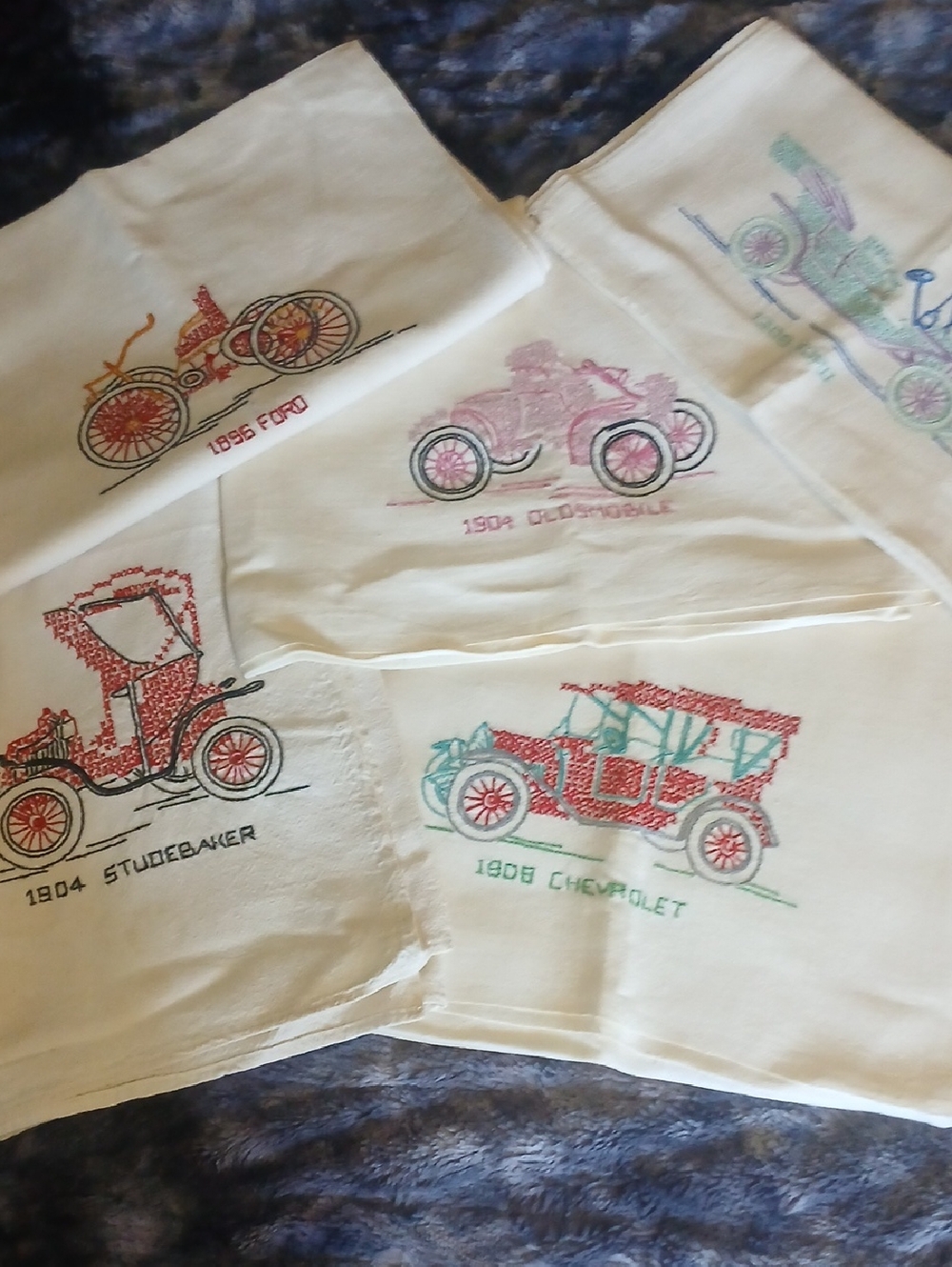 Embroidered Vintage Car Dish Towels - Multi Color